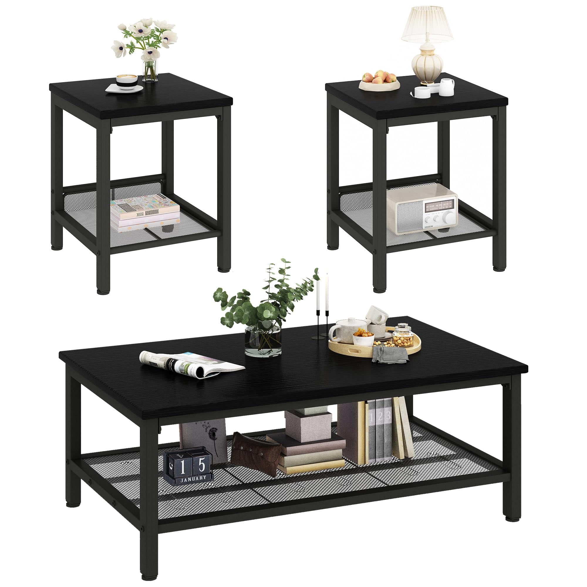 Lamerge Modern Solid Wood Coffee Table Set of Three, Includes Two Side Tables with Storage Shelves, Coffee Table Set in Black