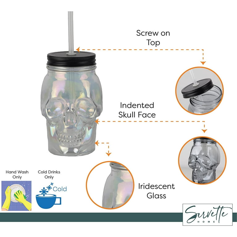Servette Home 2 Pack Iridescent Skull Shaped Glass Mason Jar