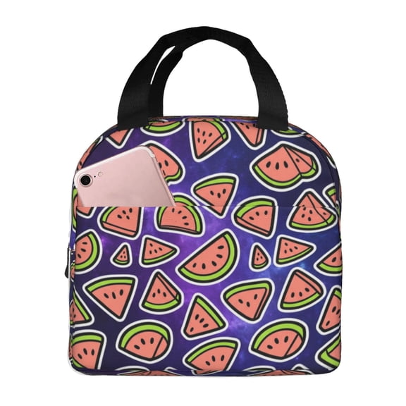 Watermelon Insulated Lunch Bag Cartoon Print Reusable Cooler Tote with Front Pocket Handheld Portable Meal Prep Bag for Work Office Daily Picnic Travel