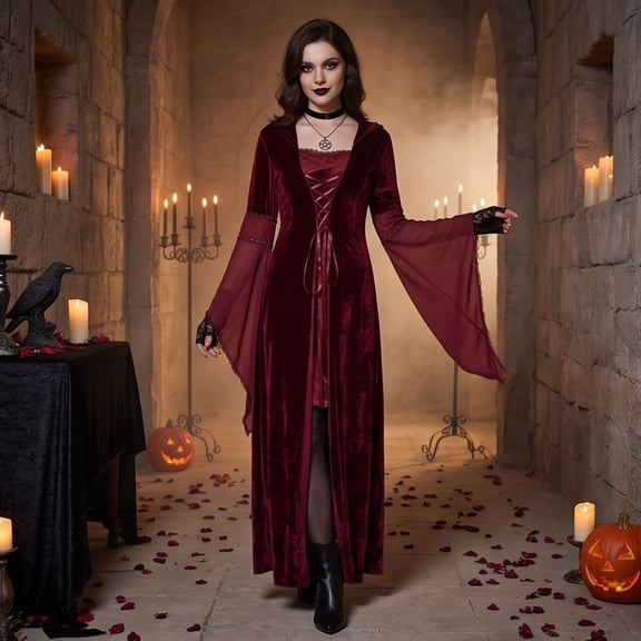 Halloween Gothic Hooded Dress for Women, Batwing Sleeve Medieval Velvet Gown, Elegant Renaissance Costume for Halloween Costume Party Red S