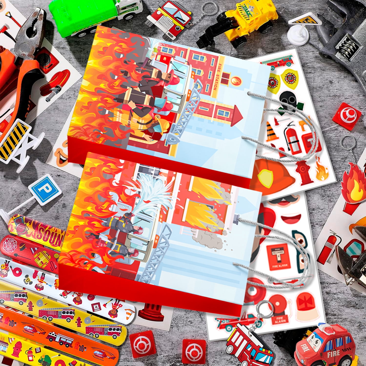72pcs Firefighter Birthday Party Favors,Fire Truck Party Favors Set- Firefighter Party Stickers Slap Bracelets Keychains etc Firefighter Themed Party Favors for Firefighter Party Decorations Supplies