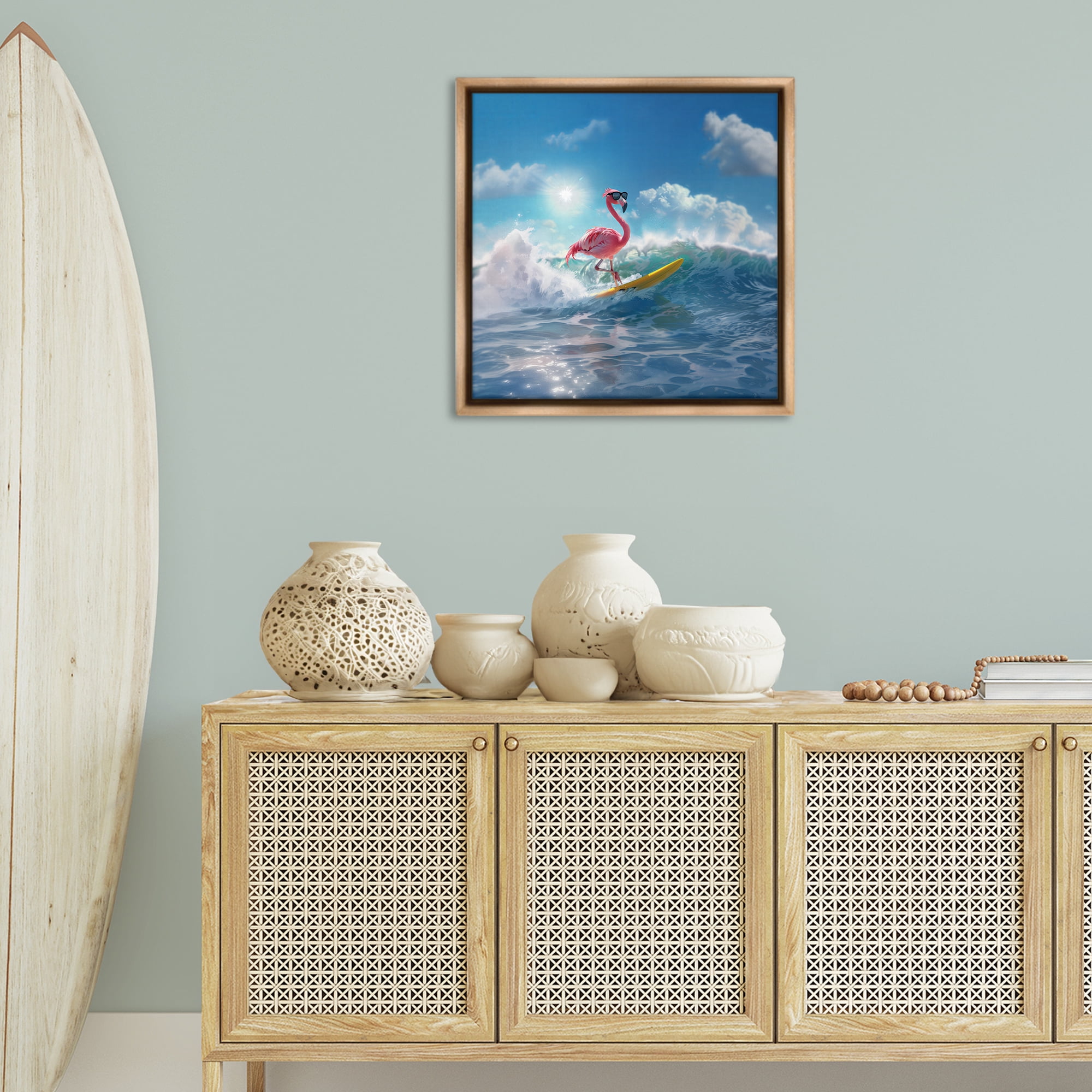 Stupell Industries Flamingo Surfing White Caps Nautical & Beach Painting Brown Floater Framed Canvas Art Print Wall Art, 25 x 25
