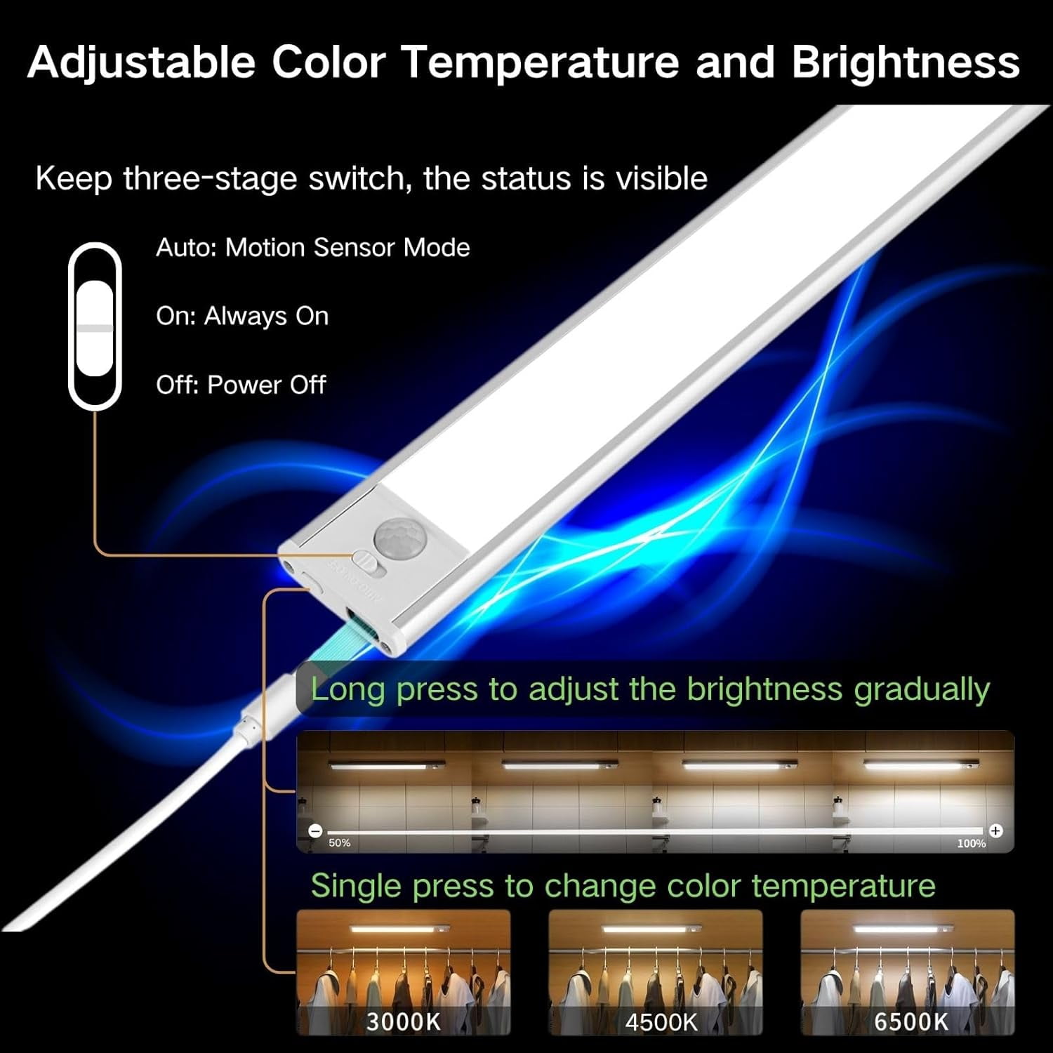 Motion Sensor Under Cabinet Lighting-Magnetic Rechargeable Closet Lights for Kitchen,Stairs,Wardrobe | 3-Color Dimmable LED Counter Lighting Pro Battery Upgrade​ (2, 8 inch)