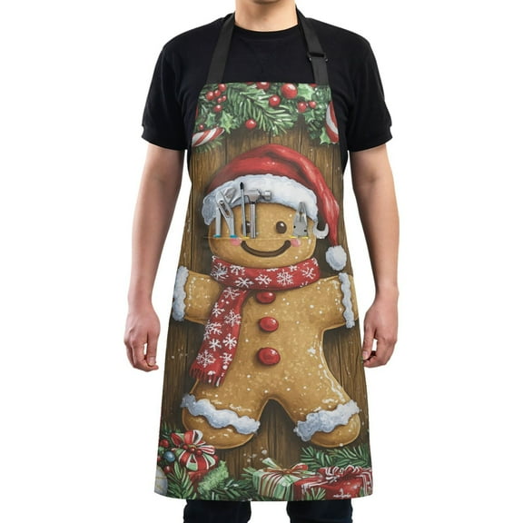 Christmas Gingerbread Man Chef Kitchen Apron with Pockets for Women Waterproof Aprons for Cooking Baking