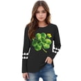 thumbnail image 3 of Girls St. Patrick's Day Shirt Long Sleeve Shamrock Four Leaf Clover Graphic Tee Black Curved Hem Patterned Sleeves Girls Youth Top,Size 7 T, 3 of 5