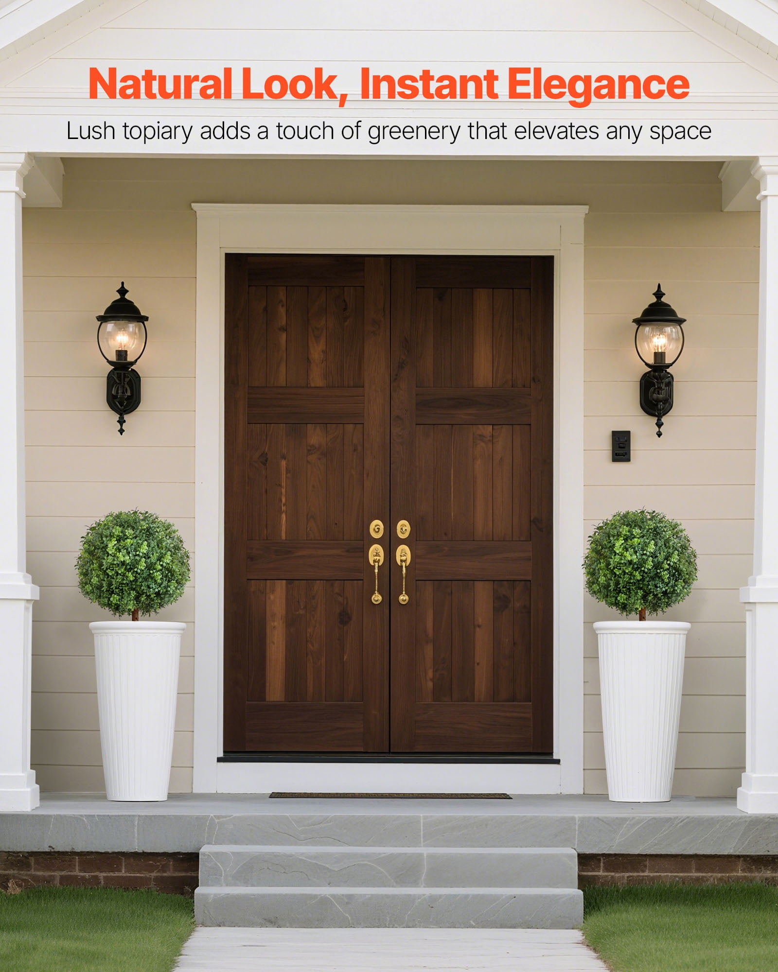VEVOR Artificial Topiary Boxwood Trees with Ground Spike, 22 inch 2 Set Faux Shrubs & Bushes Potted Plants, Fake Silk Tree Look Real for Decor Front Porch Outdoor Indoor Patio Garden Balcony Backyard