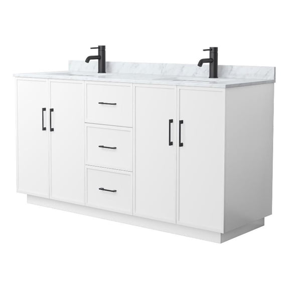 Elan TK 66" White Double Vanity & White Carrara Marble Top & Black Trim