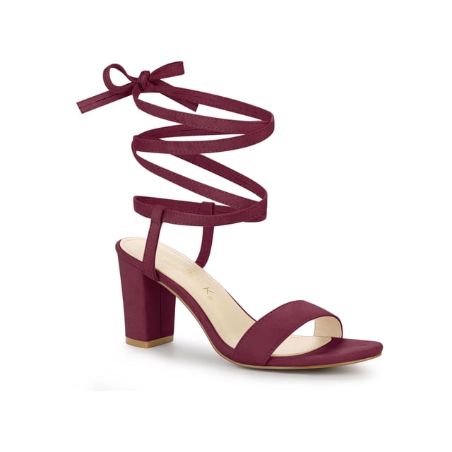 BLISSFUL STEP Women's Open Toe Lace up Block High Heels Sandals Burgundy 6.5