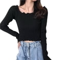 thumbnail image 2 of JDQJBZ Summer Womens Tops,Tops For Women Trendy Ruffle Slim Off Shoulder Crop Knit Long Sleeve Top For Spring Summer, 2 of 5