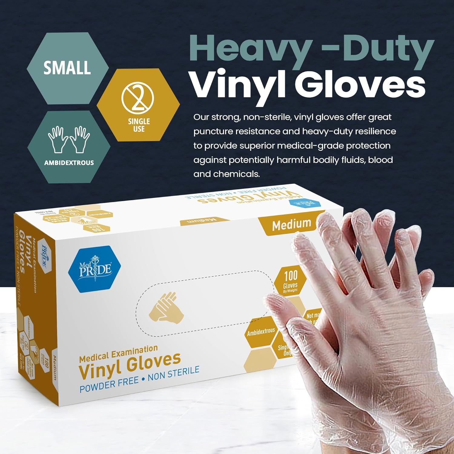 MEDPRIDE Disposable Vinyl Clear Examination Gloves, Latex & Powder Free, Medium, 100-Count – Durable Cleaning Gloves