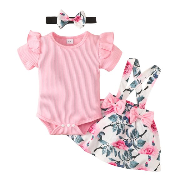 Bysome Cute Summer Toddler Girls Outfits Set Ribbed Short Sleeve Romper Flowers Prints Suspender Skirts Bow Tie Hairband Outfits For 0-3 Months