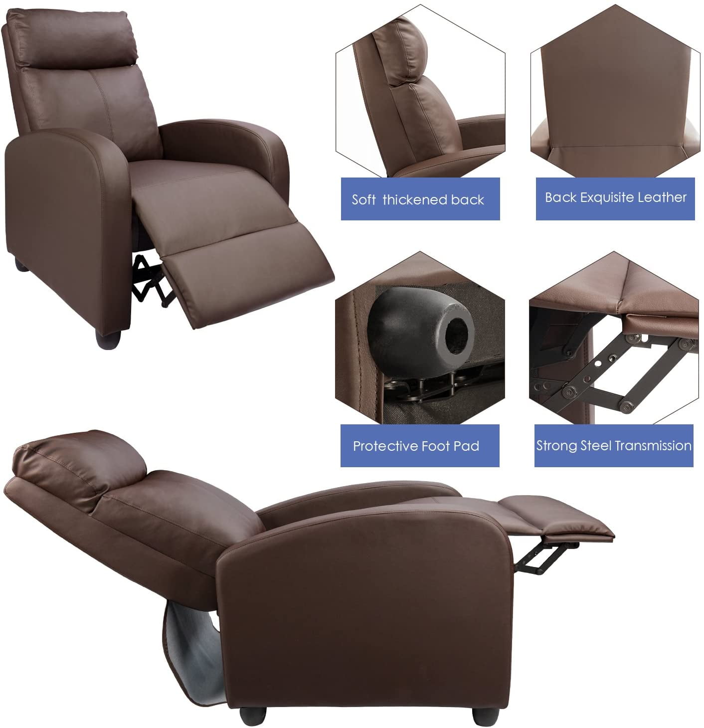 Vineego Home Theater Recliner with Massage, Faux Leather, Brown