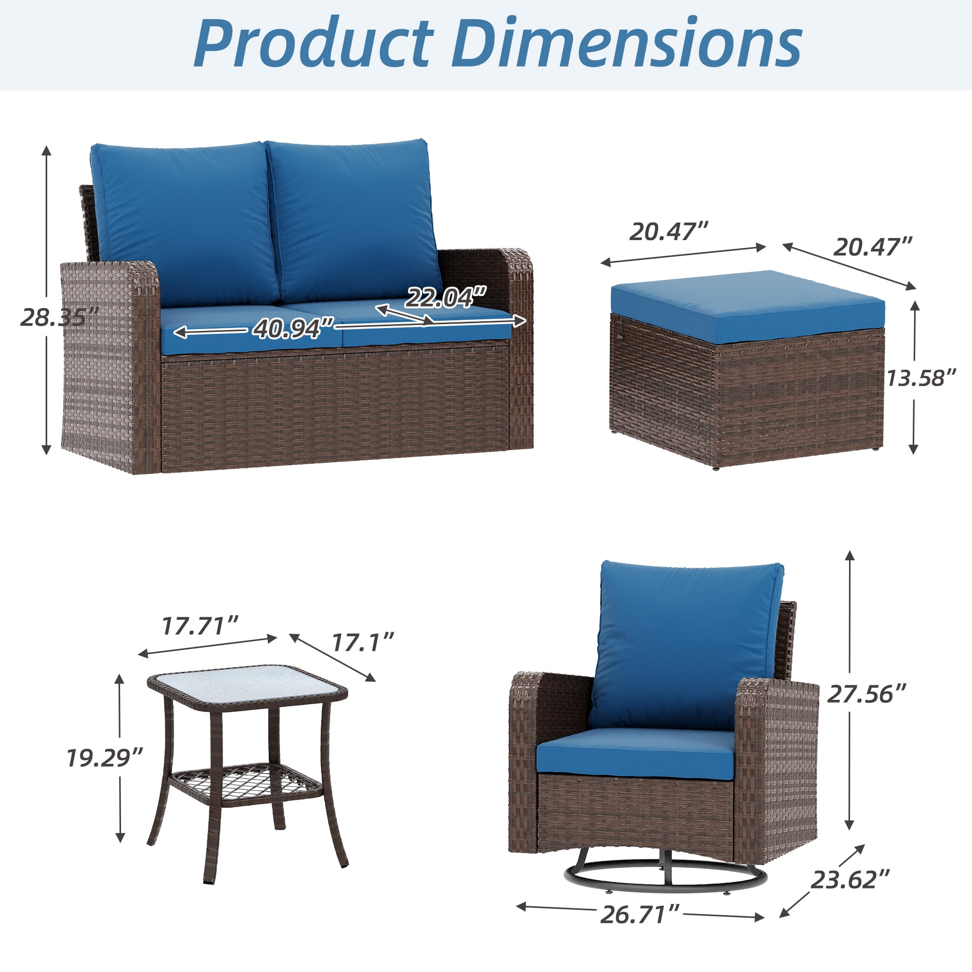 Homrest 6 Piece Patio Conversation Sets with Loveseat, Rattan Wicker Swivel Chairs with 2 Ottoman, Coffee Table & Cushions, Outdoor Furniture Sets for Garden, Poolside, Backyard (Navy)