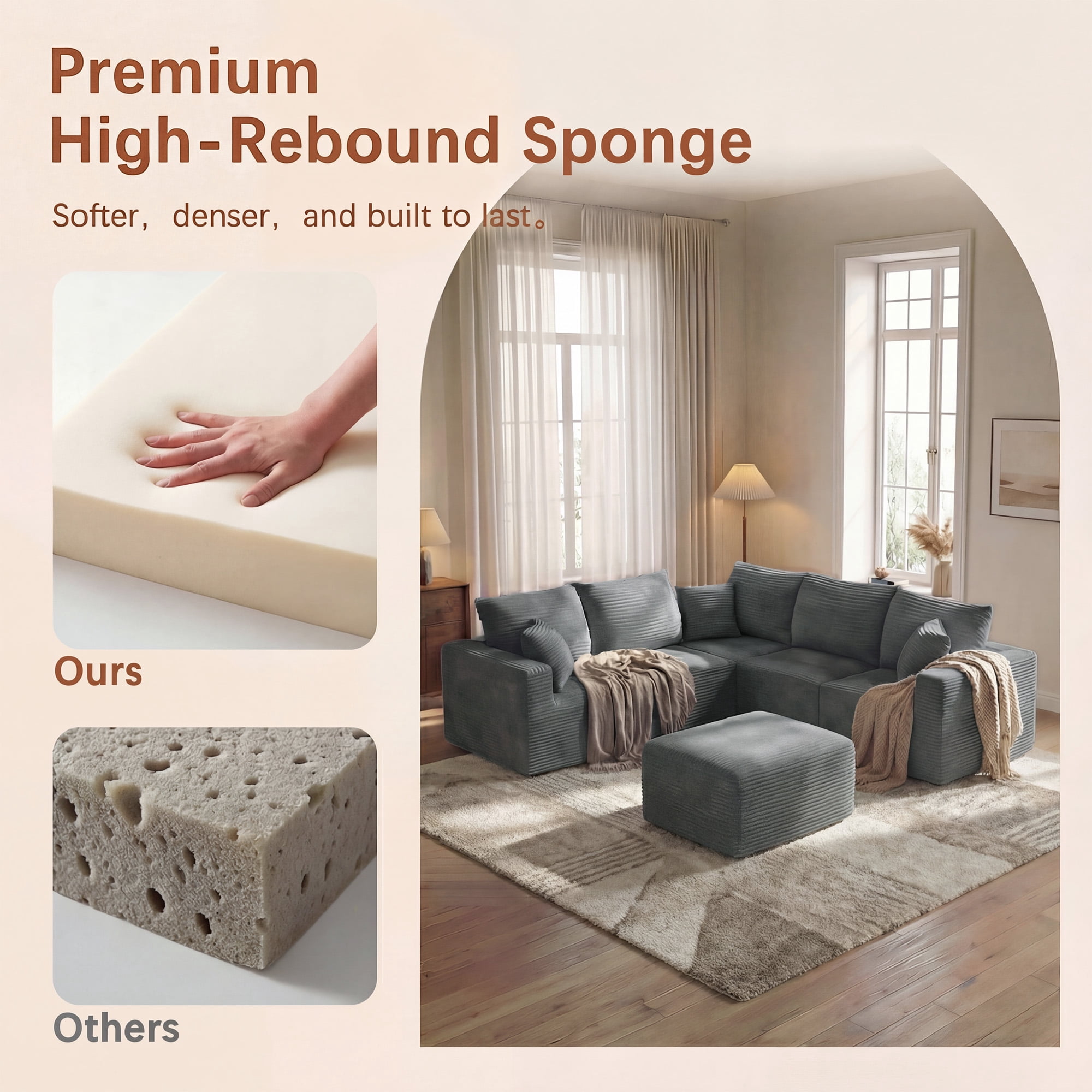 Homall V Shaped Corner Modern Sofa Sectional Cloud Couch with Deep Seat No Assembly Required Corduroy Fabric Couches for Living Room and Apartment,Gray