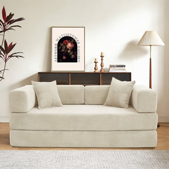Hcore 79"Folding Floor Couch,Compressed Convertable Sleeper Sofa,Memory Foam Couch with Pillow Back Support Armrest, 4-in-1 Futon Sofa Bed for Living Room,Beige