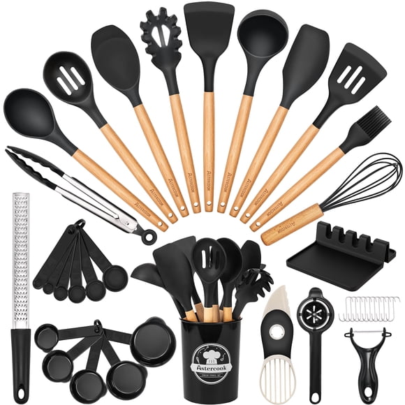 Juego de utensilios de cocina Astercook, 39 piezas de silicona con mango de madera