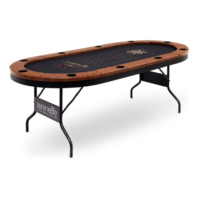 Mesa de Póker Premium Plegable Ovalada para 10 Jugadores SereneLife, Mesa de Casino, con Baranda Acolchonada Resistente al Agua, 10 Portavasos, Superficie de Fieltro Marrón, Tablero de Black Jack