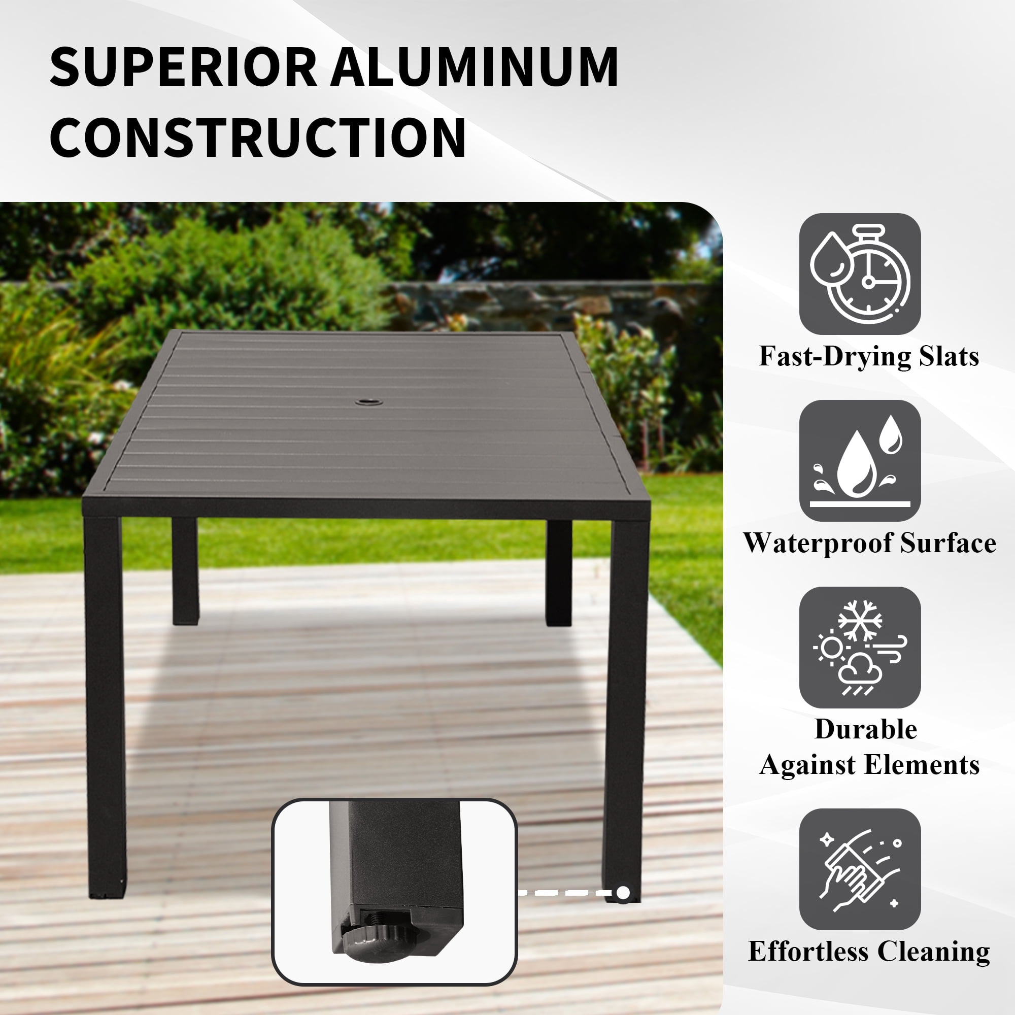 Outdoor Dining Table for 4 Person,Square Slatted Metal Patio Table for Deck Garden Lawn Backyard Use with Umbrella Hole, Brown