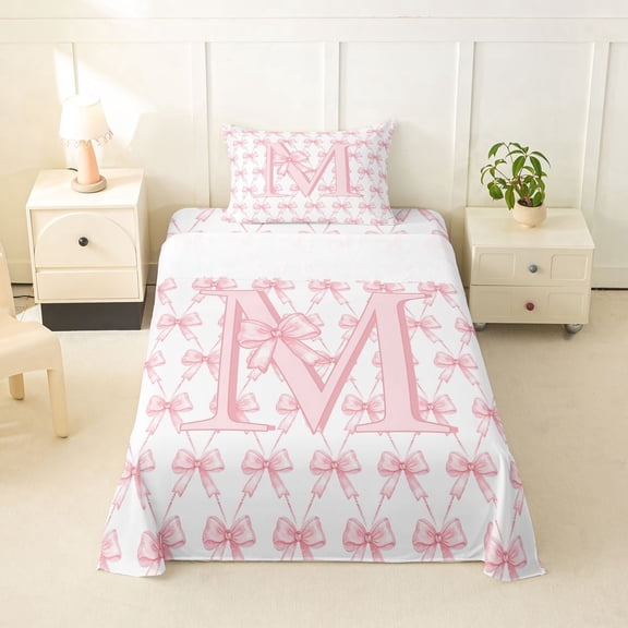Erosebridal Princess Bow Letter Twin Sheet Sets for Kid, Monogrammed M Bedding, Pink, 3-Piece