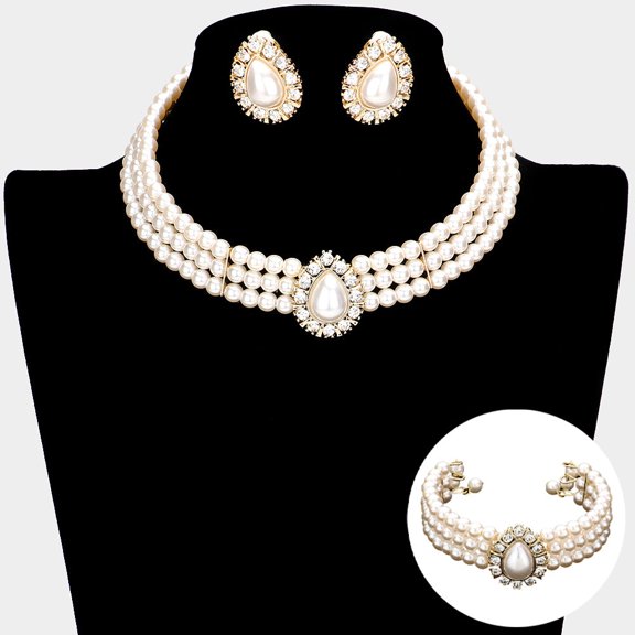 3pc clip on gold cream teardrop pearl choker, bracelet, earring set