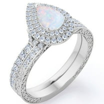 JeenMata Double Halo Set 1.75 Carat Pear Shape Ethiopian Opal and Moissanite Pave Victorian Bridal Ring Set in 18K White Gold Plating over Silver