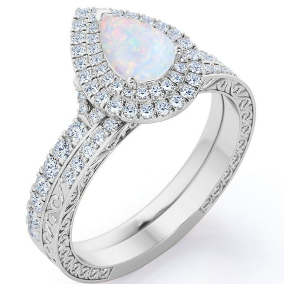 JeenMata Double Halo Set 1.75 Carat Pear Shape Ethiopian Opal and Moissanite Pave Victorian Bridal Ring Set in 18K White Gold Plating over Silver