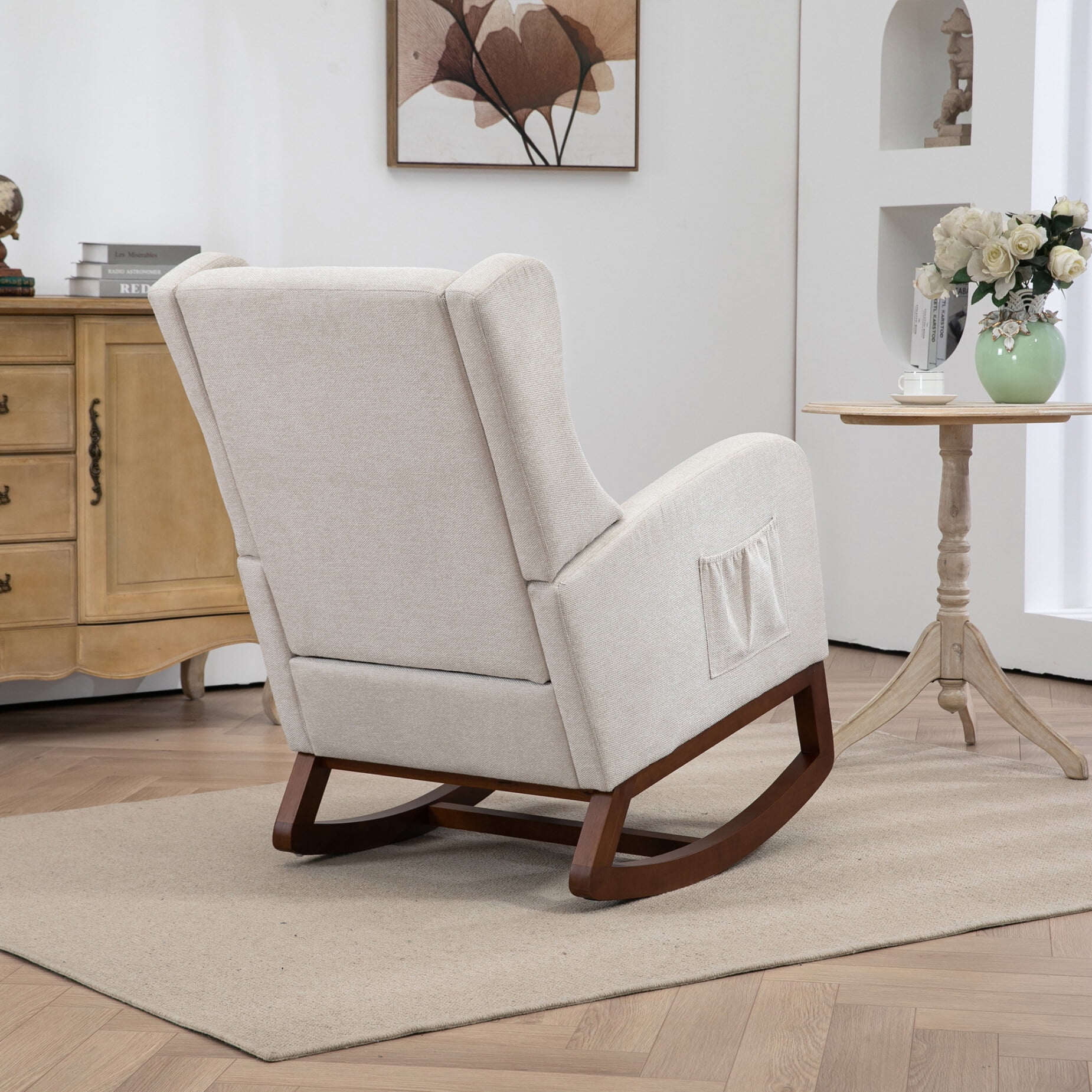 Modern Rocking Chair with Retractable Footrest & Side Pocket, Comfortable Upholstered Wingback Glider for Nursery and Living Room, Sturdy Wood Frame, Beige