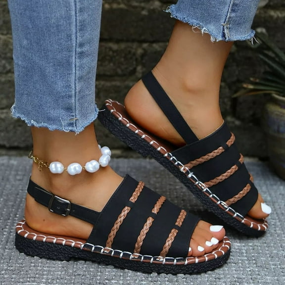 Womens Sandals Beach, Xunlbb Women's Fashionable And Casual Summer New Flat-Soled Woven Outdoor Fish-Mouth Beach Sandals(Black,Size:36)