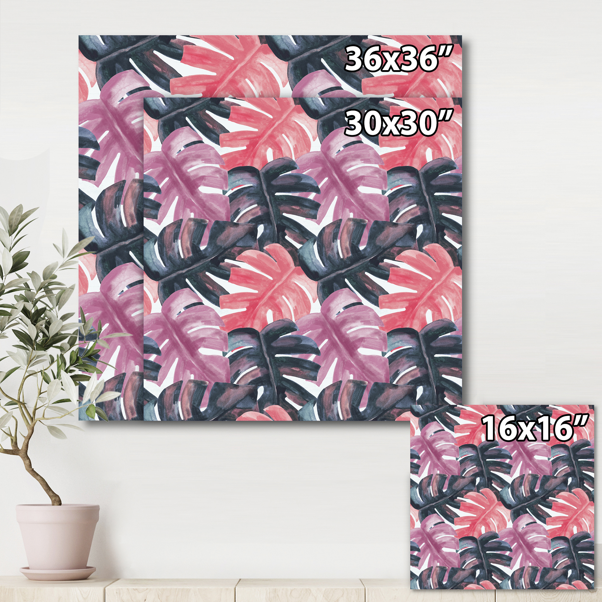 Black and Red Monstera On Rough Brush Strokes II 16 in x 16 in Painting Canvas Art Print, by Designart