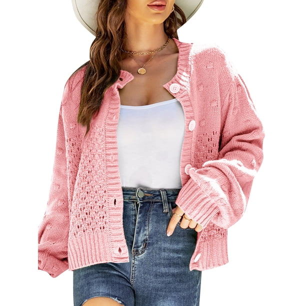 Cárdigan de punto para mujer Botones de manga larga Frente O Cuello Suéteres casuales CACAGOO Camiseta de manga corta