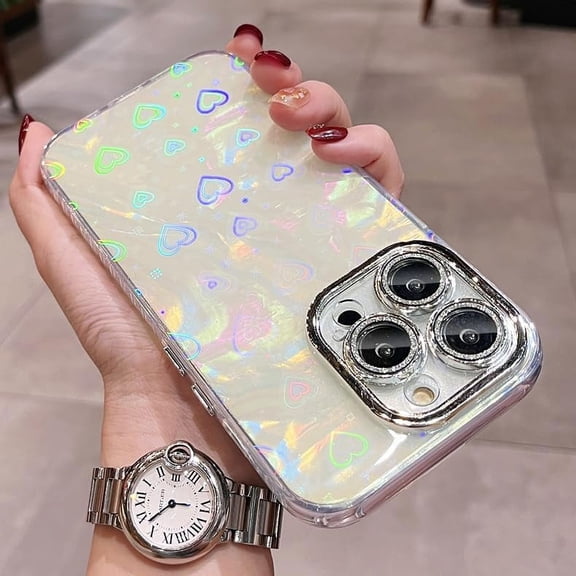 Glitter Lens Protector Case for IPhone 15 14 13 12 Pro Max,Sparkle Laser Love Camera Wave Shell Pattern Shiny Cute Cover Women Girls Cases (White,for iphone 11)
