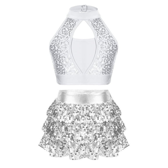 CHICTRY Kids Girls Dance Competition Costume Sequins Jazz Modern Ballet Dance Cropped Vest with Tiered Ruffle Culottes Silver 16