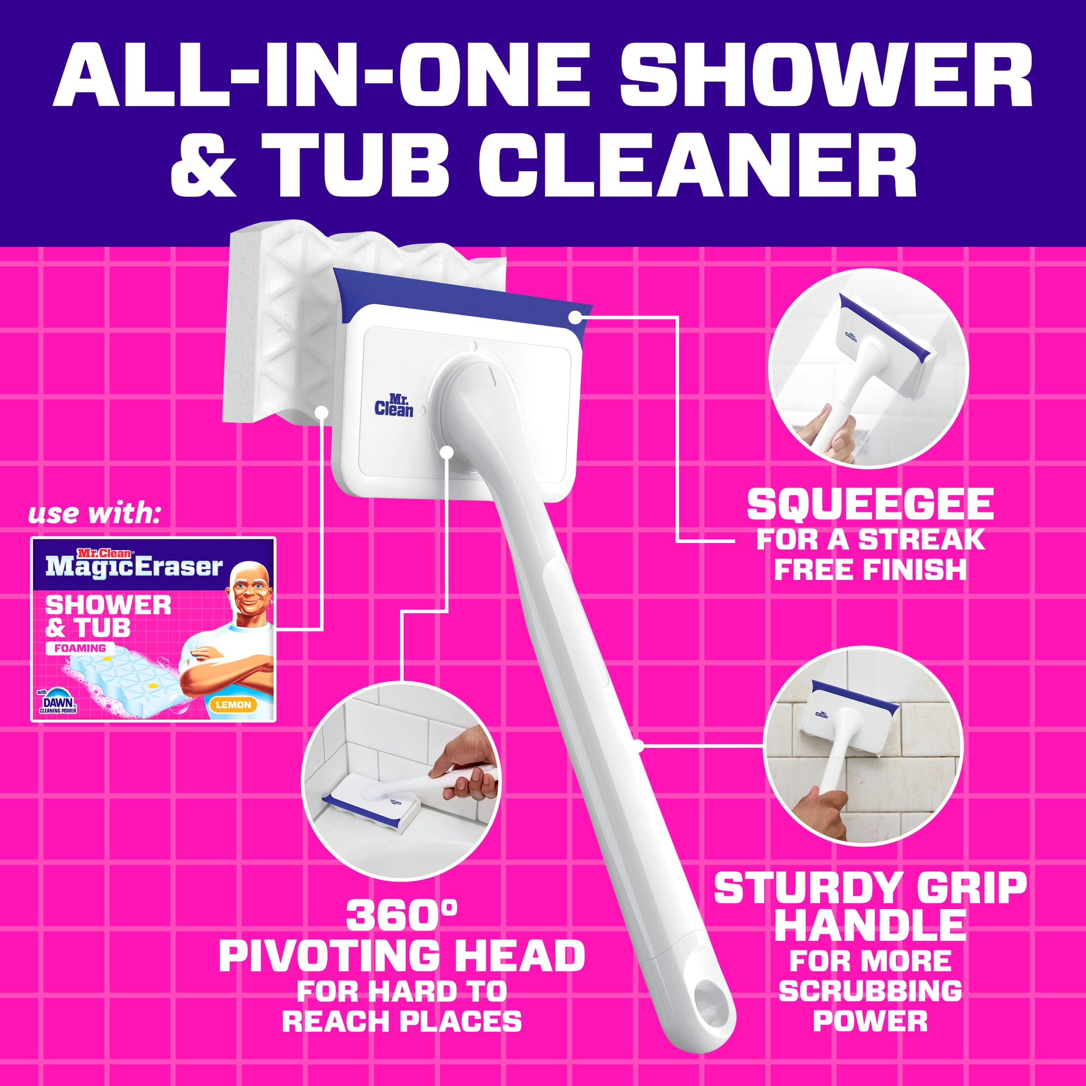 Mr. Clean Shower & Tub Scrubber, Starter Kit, 1 Scrubber & 2 Erasers