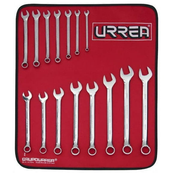 URREA Metric full polished 12 point combination wrench set, 15 pieces.