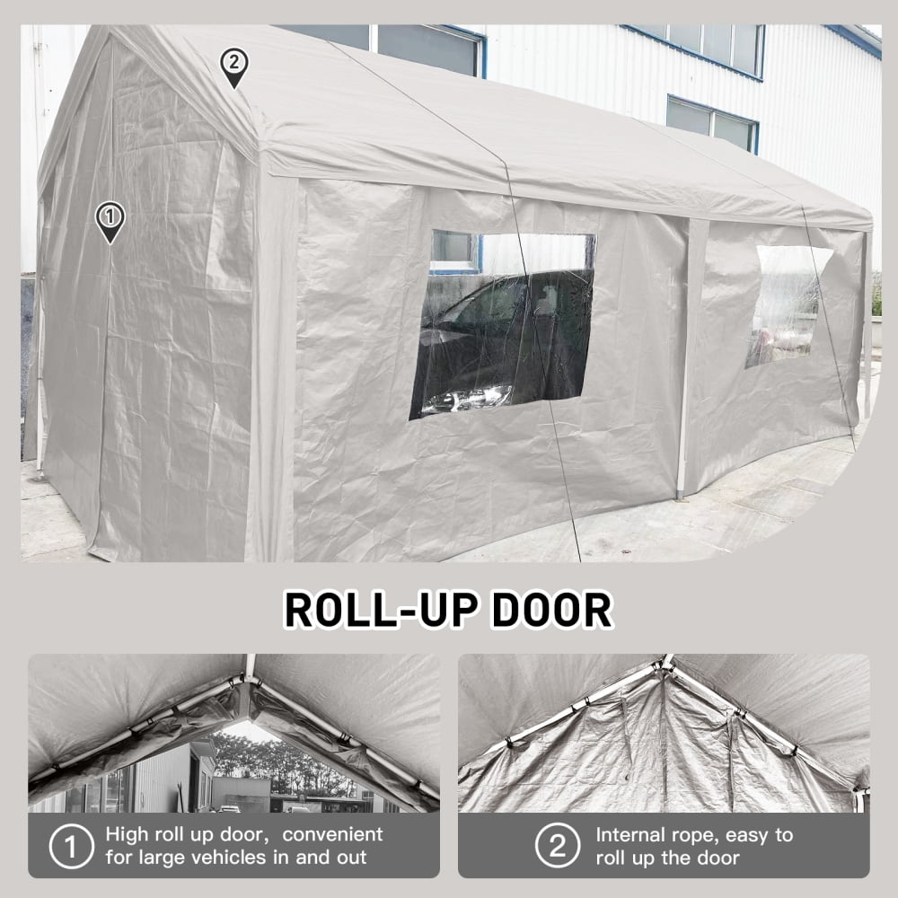 10x30 FT Heavy-Duty Portable Carport Garage Tent with Windows - Ideal Outdoor Storage Shelter in White. Perfect for Protecting Vehicles and Equipment from the Elements!