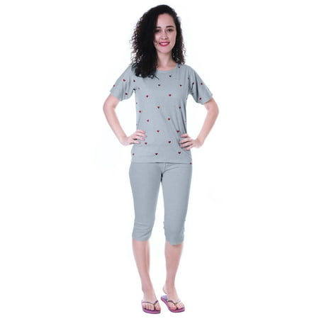 

Moomaya Nightwear Set Heart Embroidered Capri T-shirt 2 Pcs Set Sleepwear