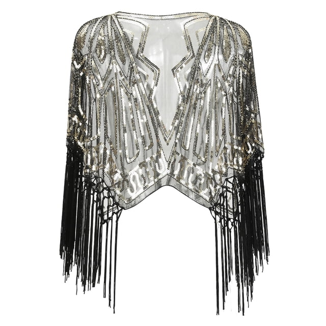 Capa de noche con chal, lentejuelas y adornos de los años 20 para mujer - Bolero flapper, poliéster, adornos de lentejuelas, tallas S-XXL, ropa de fiesta/cóctel