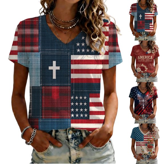Iaqnaocc 4th Of July Outfits for Women Patriotic Short Sleeve V Neck 250th Anniversary Usa Shirt American Flag Stars Striped Floral Print Independence Day 1776 T Shirts for Women Light Blue XXL
