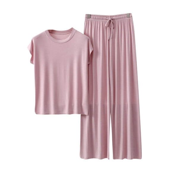 Erwazi Women's Modal Solid Loose Crew Neck Short Sleeve Tee and Elastic Waist Pants with Pocket Casual 2 Piece Pajama Set