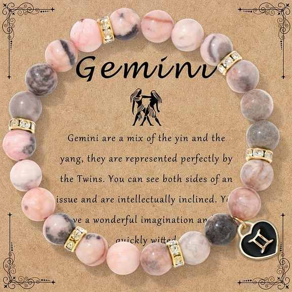 1pc 12 Constellations Natural Zebra Jasper Round Beaded with Enamel Heart Charm Bracelets Golden Gemini 7-3/4 inch(19.8cm)