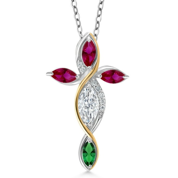 Cross Necklace for Women in 925 Silver and 10K Yellow Gold with Moissanite and Created Ruby and Nano Emerald | 1.62 Cttw | Jesus Christian Religious Crucifix | Marquise 8X4MM | With 18 inch Chain