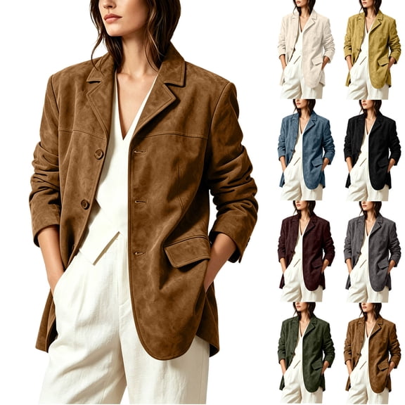 WAGUTH Women Vintage Faux Suede Blazer Jackets Notched Lapel Single Breasted Loose Casual Suit Coat With Pockets