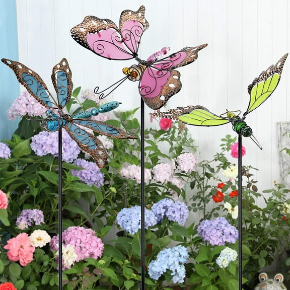 Juegoal 34 Inch Butterfly Garden Stakes Decor, Dragonfly Hummingbird Stakes, Glow in Dark Metal Yard Art, Indoor Outdoor Lawn Pathway Patio Ornaments, Set of 3