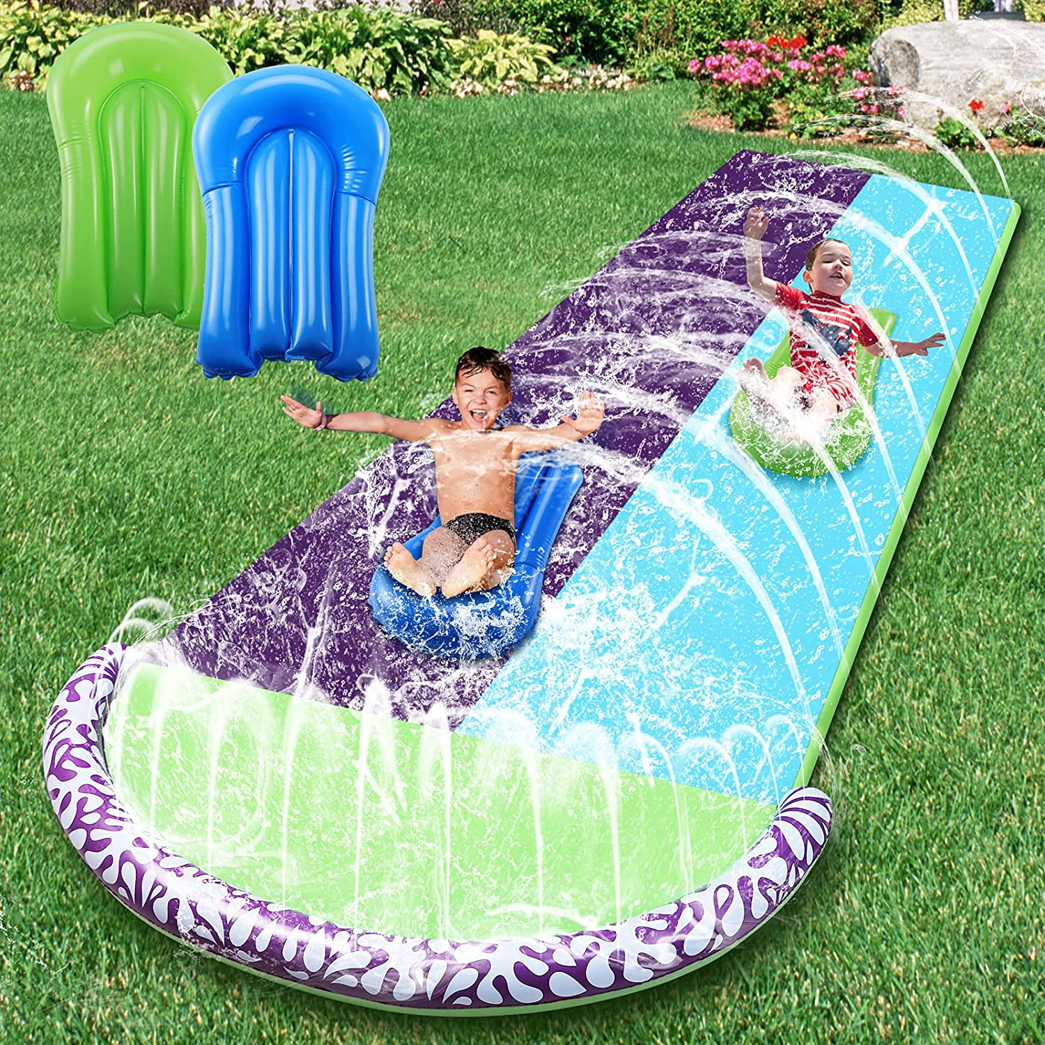 Garden Backyard Giant Racing Lanes and Splash Pool Outdoor 15.7FT Water Slides with Crash Pad Outdoor Water Toys Lawn Water Slides for Kids Adults