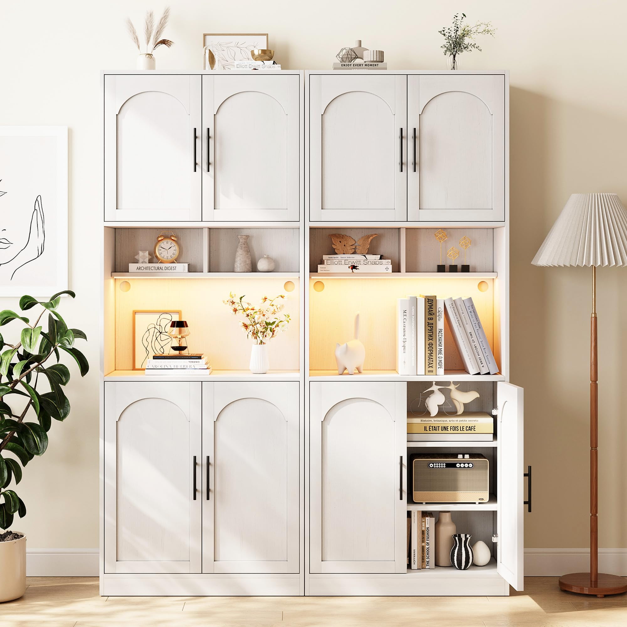 Danolapsi Kitchen Pantry Cabinet with RGB Light,Microwave Stand with Storage,Tall Kitchen Hutch Bar Cabinet,Farmhouse Wood Storage Cabinet with Barn Doors & 2 Open Shelves,Cupboard for Dining Room