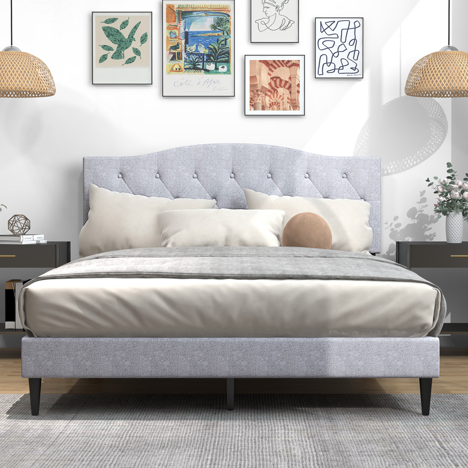 Infans Queen Size Upholstered Platform Bed Linen Bed Frame w/ Button Tufted Headboard