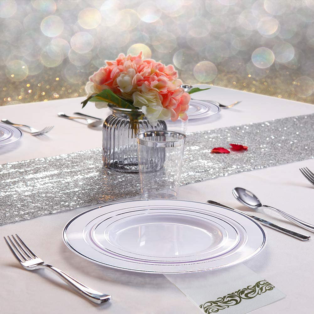 WDF 150PCS Silver Rim Plastic Plates with Disposable Plastic Silverware&Hand Napkins 25 Spoons,25Disposable Napkins silver plates include 25 Dinner Plates,25 Salad Plates,25 Forks 25 Knives 