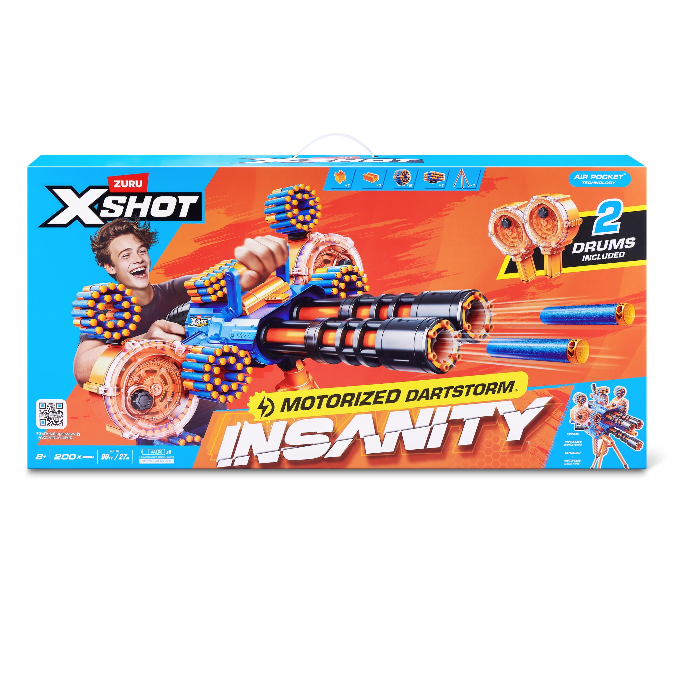 XSHOT Insanity Dart Storm by ZURU Motorized Outdoor Blaster with 200 Air Pocket Darts, Dual Motors and Spinning Barrels, Tripod for Ages 8+