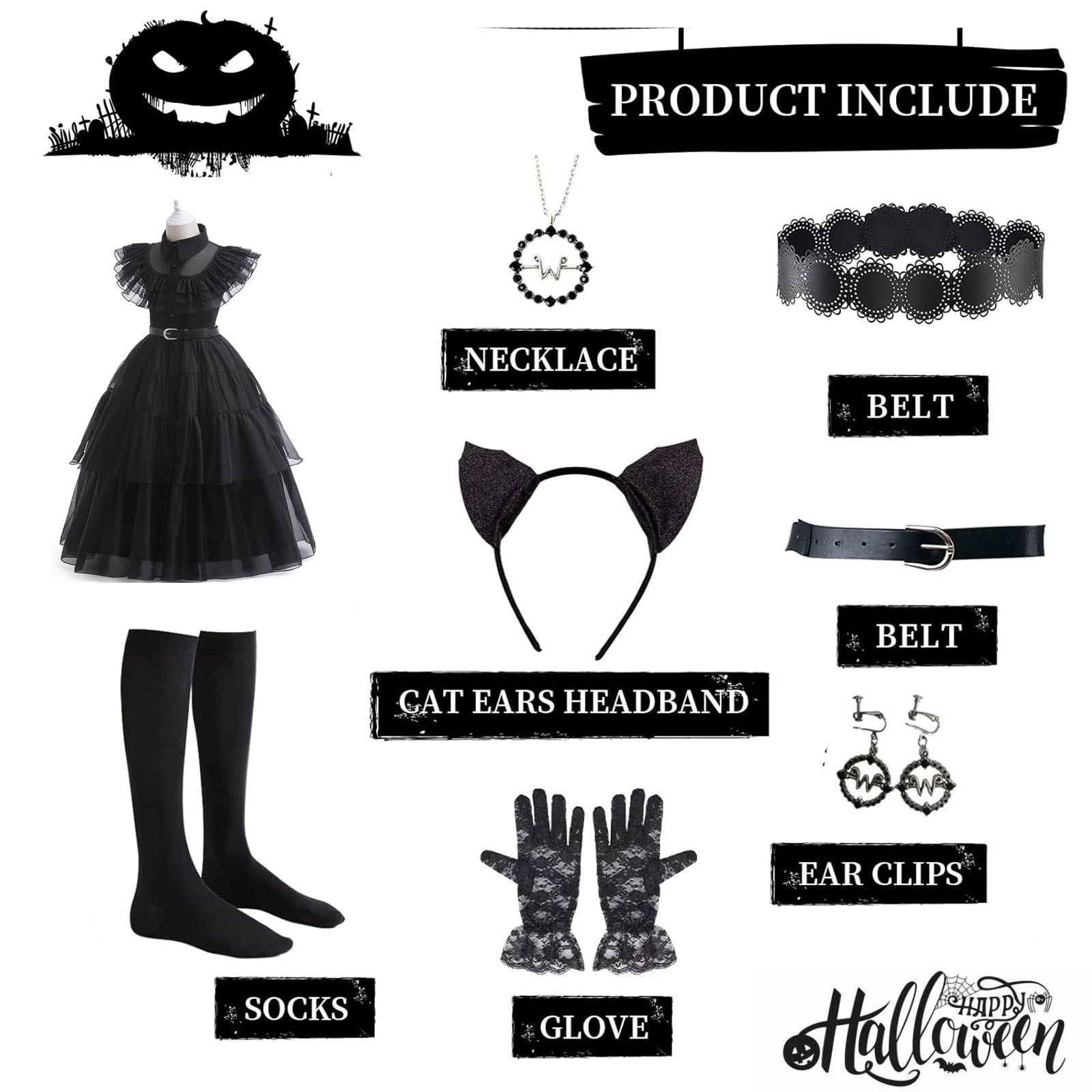 Set Completo Di Costume Famiglia Black Per Bambina Con Parrucca: Perfetto Per Carnevale, Halloween E Feste In Maschera (3-12 Anni)