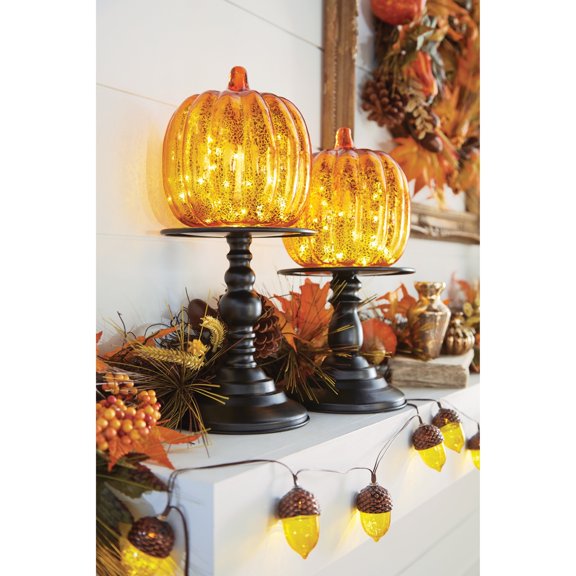 BrylaneHome 14.5" H X 6" Diam Pre-Lit Glass Pumpkin On Stand
